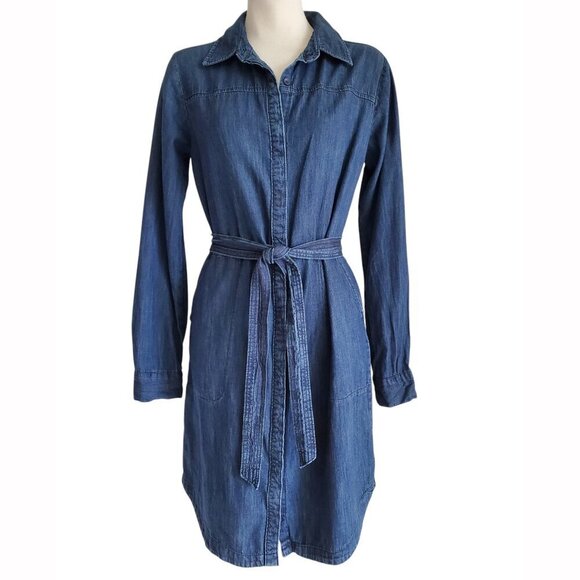 A New Day 100% Cotton Chambray Denim Shirtdress Deep Blue Cowgirl Tie Belt S - Picture 1 of 16